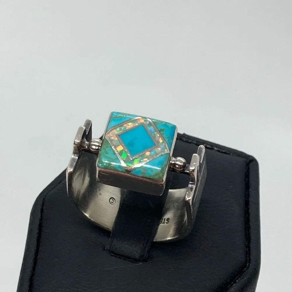 Vtg Navajo Sterling Turquoise & Opal Wide Modernist Style Ring Sz 7.5 Ann Curley - Picture 4 of 13